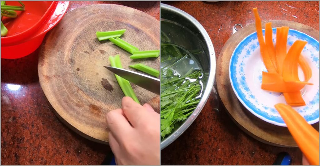 Cần tây cắt thành từng khúc, củ cà rốt bào mỏng