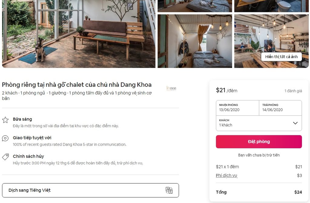 Giá phòng của homestay ở Đà Lạt hiện trên Airbnb là 24$/đêm (tương đương 550.000VNĐ) nhưng nếu đặt trực tiếp với homestay này thì bạn chỉ phải trả 450.000VNĐ/đêm.