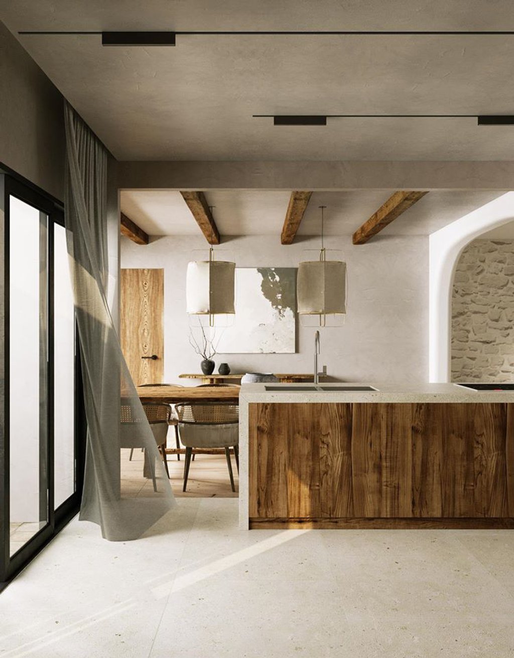 Đảo bếp và bàn ăn cũng vẫn sử dụng tông màu trắng, xám với các vật dụng bằng gỗ. Đặc biệt, không gian này được đặt cạnh cửa sổ để hứng ánh sáng tự nhiên.