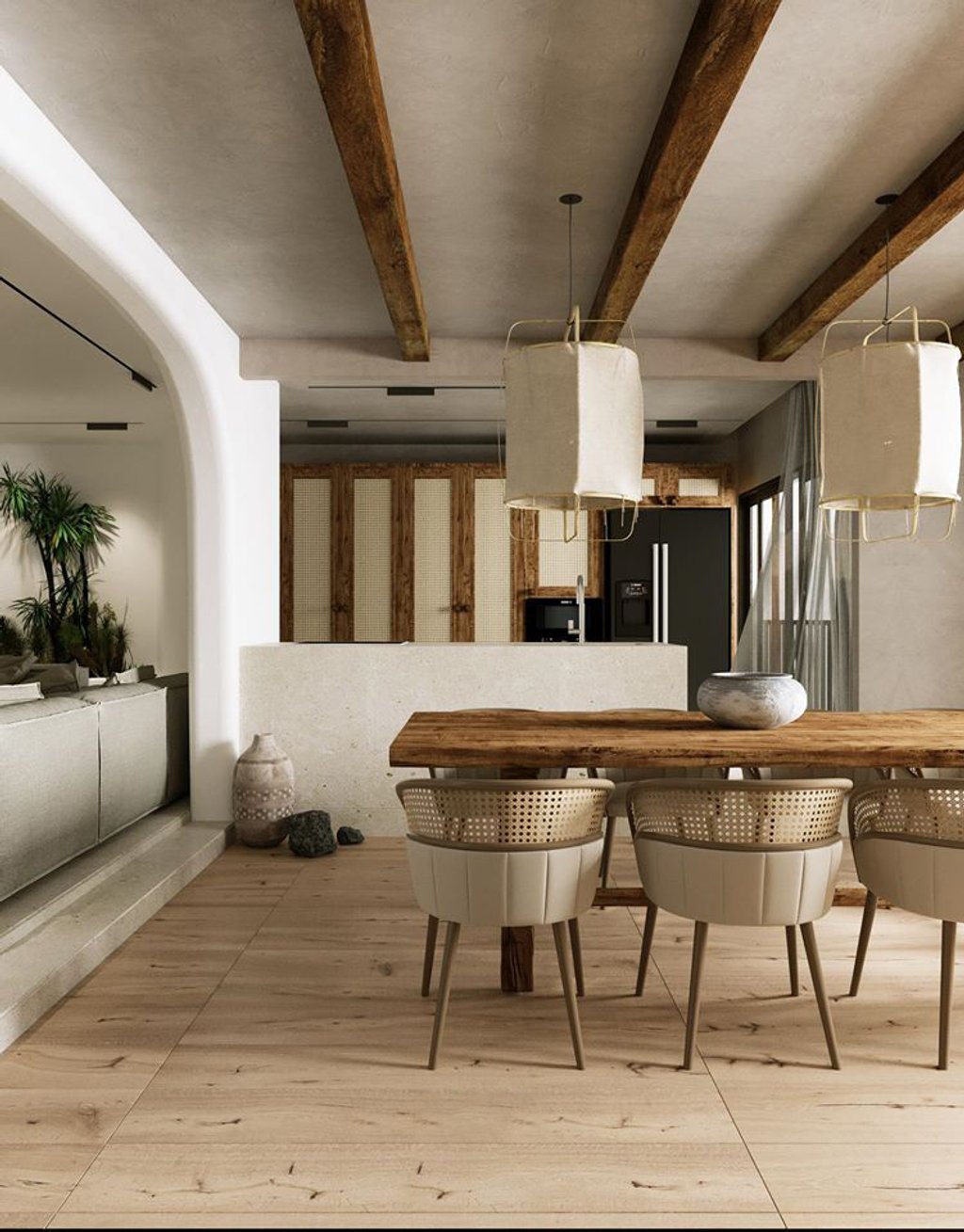 Đảo bếp và bàn ăn cũng vẫn sử dụng tông màu trắng, xám với các vật dụng bằng gỗ. Đặc biệt, không gian này được đặt cạnh cửa sổ để hứng ánh sáng tự nhiên.