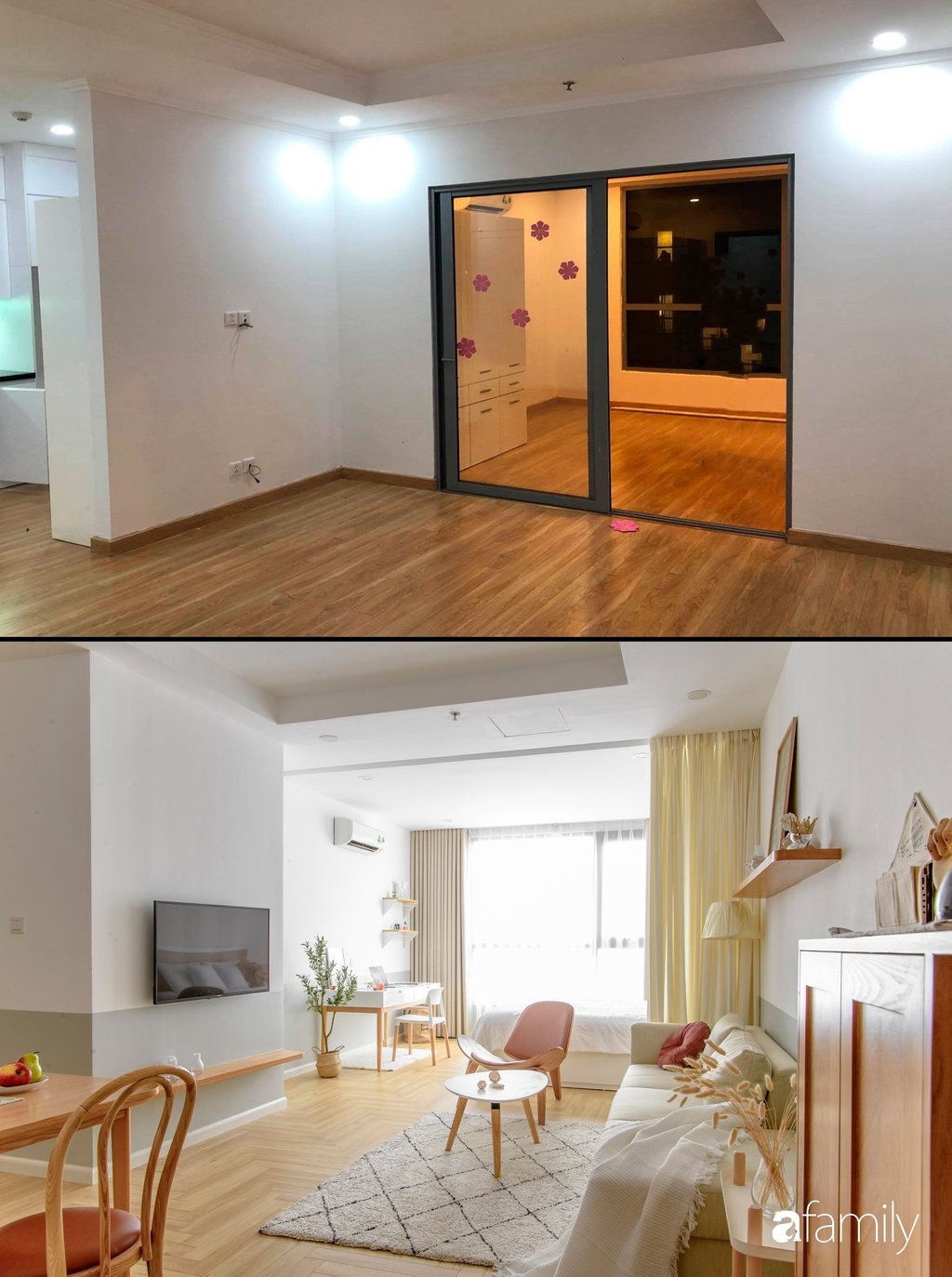 Không gian được phá bỏ bức tường thay bằng rèm để tăng sáng tự nhiên cho căn hộ.