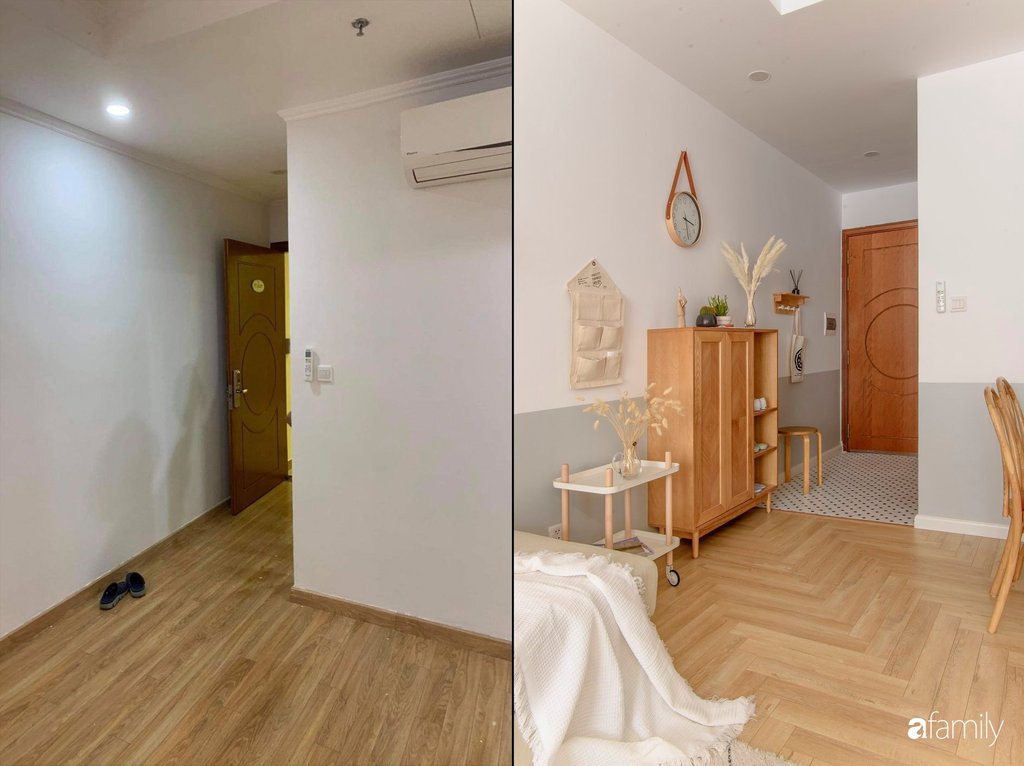 Không gian được phá bỏ bức tường thay bằng rèm để tăng sáng tự nhiên cho căn hộ.