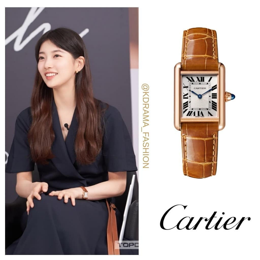 Suzy chơi lớn khi diện chiếc đồng hồ Cartier Tank Louis trị giá hơn 200 triệu cùng bộ đầm đơn giản tinh tế.